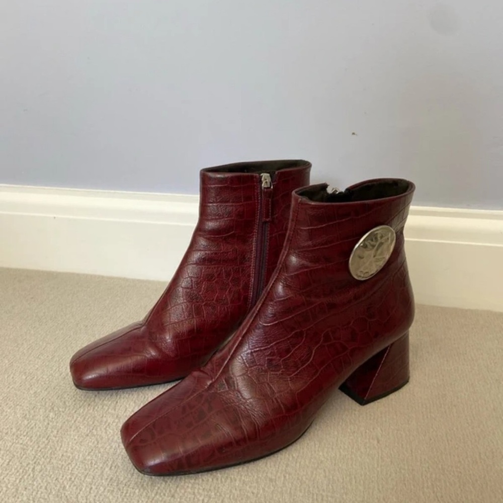 Topshop Burgundy Croc-Pattern Ankle Boots